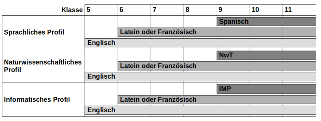 Schema, das die Profilwahl darstellt.
Ab der 9. Klasse kann gewählt werden, ob Spanisch, NwT oder IMP