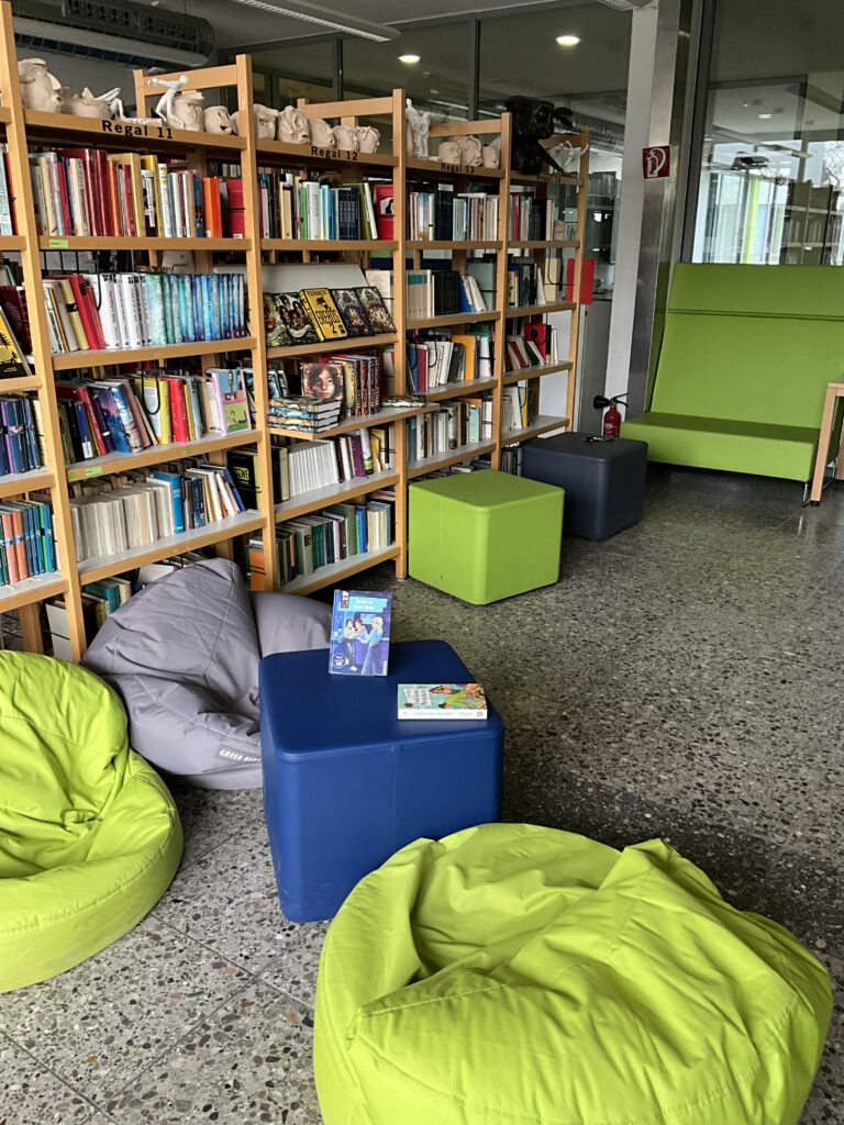 Bücherregal und Sitzecke / Leseecke in der Schülerbibliothek des HGK